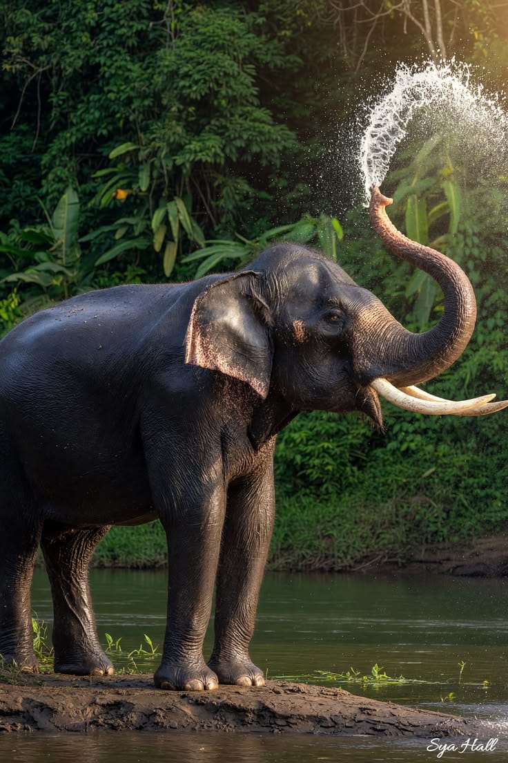 Playful Tusker River Shower